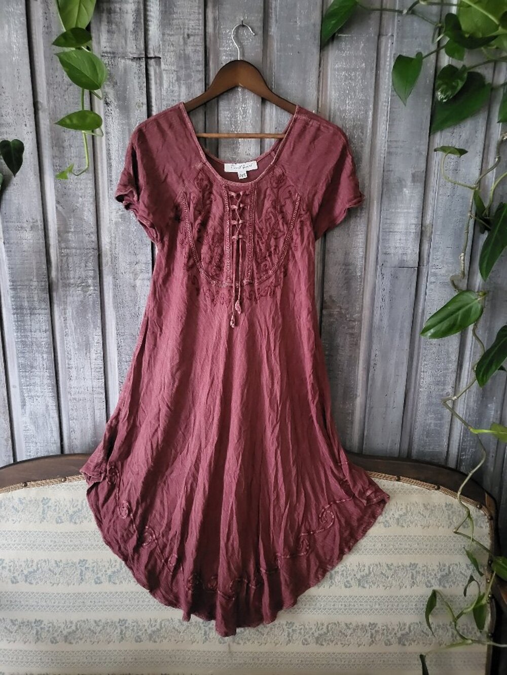 Burgundy Embroidered Rayon Umbrella Dress Boho OS
